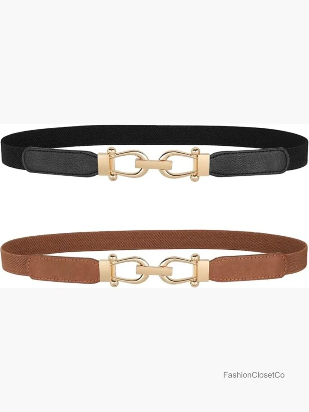 Women Stretch Waist Belt with Gold Buckle - Thin Elastic Dress Belt